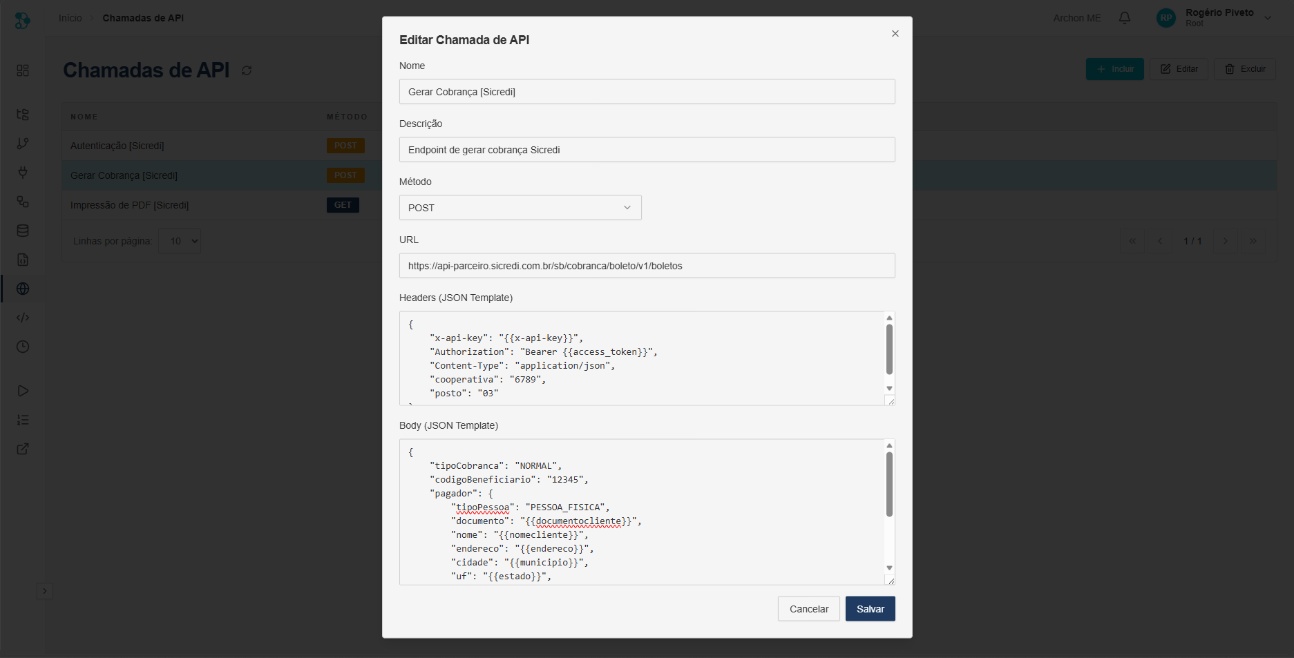 Tela de chamadas de API